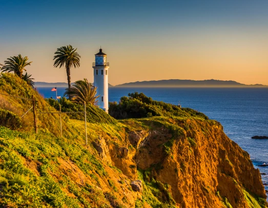 View of Point Vicente Lighthouse at sunset, in Rancho Palos Verdes, California